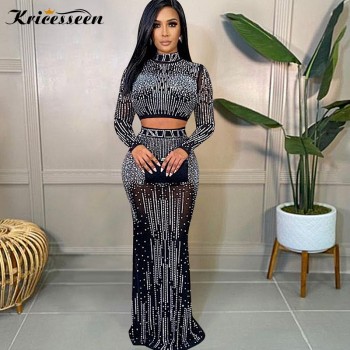 Mesh Hot Drilling See Through Skirt Set Women Crystal Long Sleeve Top And Maxi Skirt Suits Clubwear